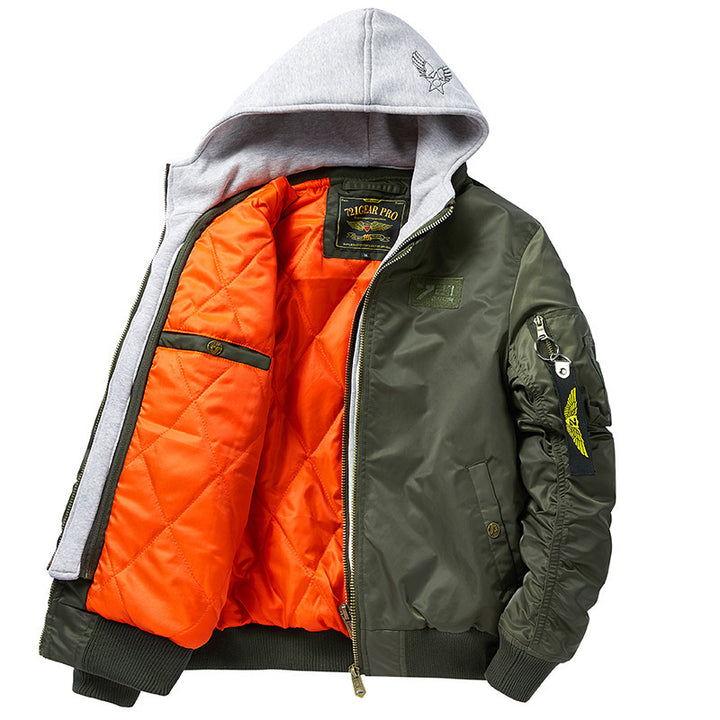 Herren nan fliegerinspirierte Bomberjacke mit integriertem Kapuzeneinsatz, Ärmeltasche und wattierter Innenlage Drune