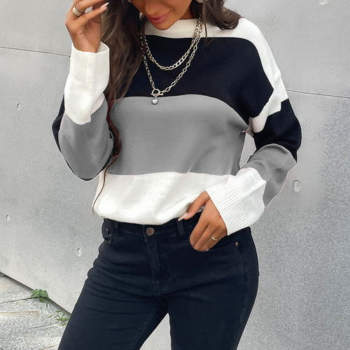 Damen Colorblock-Feinstrickpullover mit überschnittener Schulter und gerippten Bündchen Drune