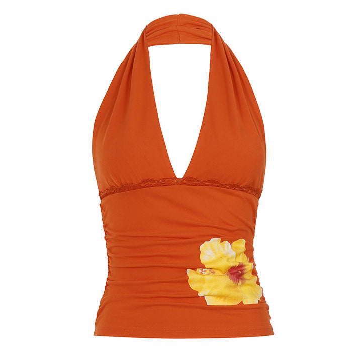Damen Halter-Tank-Top mit floralem Design und Raffung Drune