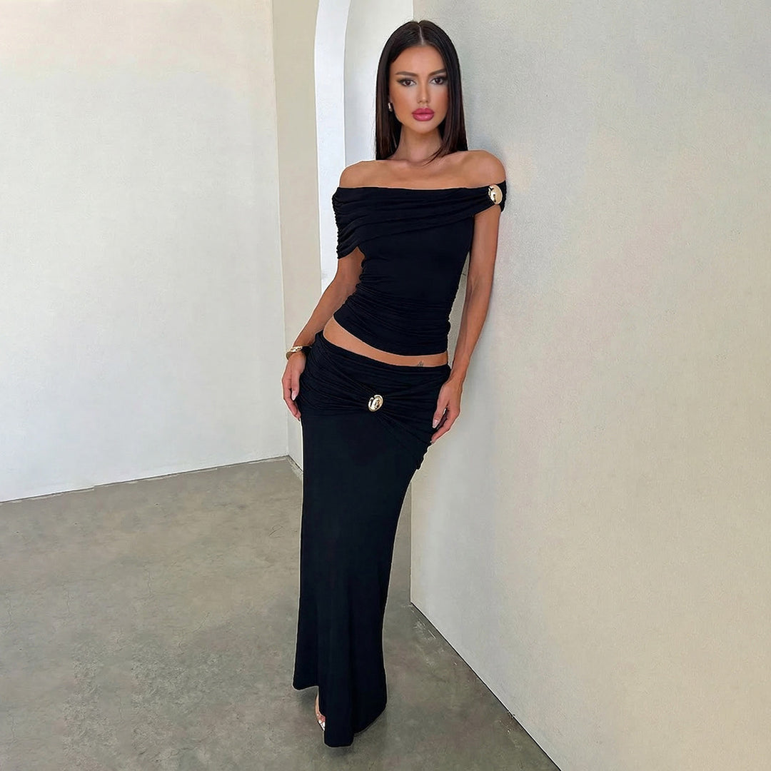Damen Elegantes Offshoulder Maxikleid mit raffinierten Raffungseffekten Drune