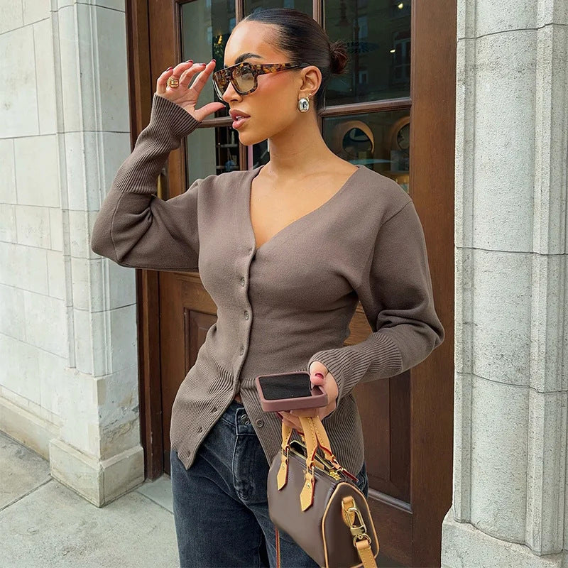 Damen Strickjacke mit V-Ausschnitt und Knopf-Detail Drune