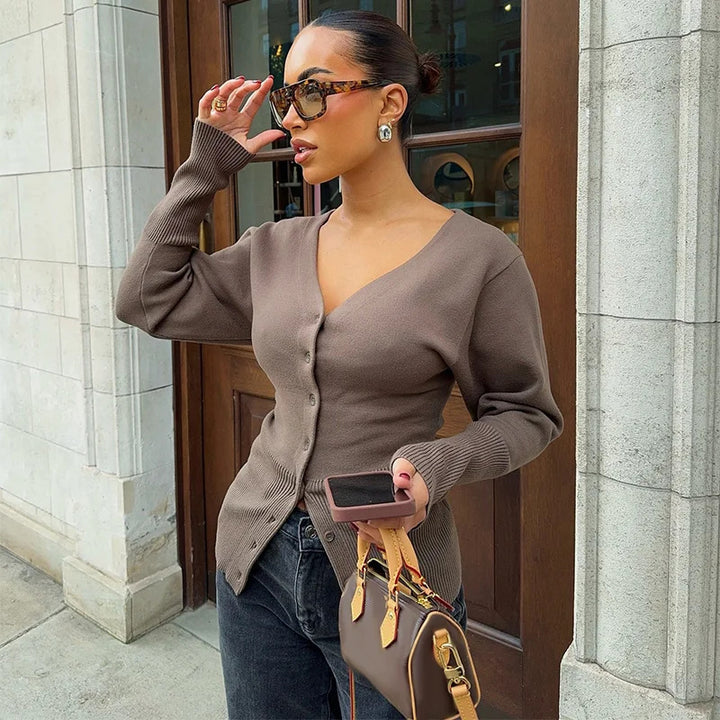Damen Strickjacke mit V-Ausschnitt und Knopf-Detail Drune