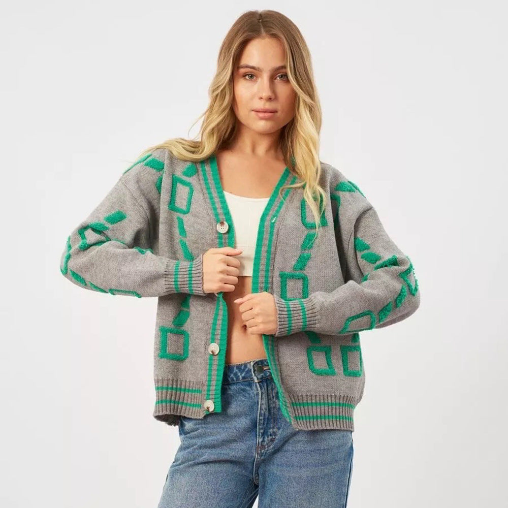 Damen Oversized Strickjacke mit großem geometrischen Muster und Knopfverschluss Drune