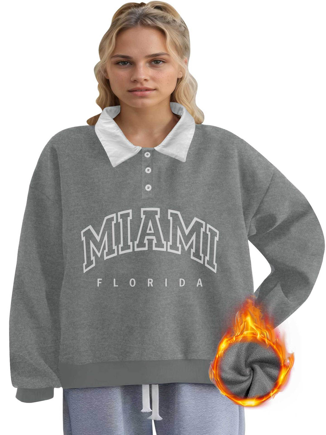 Damen Oversized College-Sweatshirt mit Polokragen und wärmender Fleece-Innenseite Drune