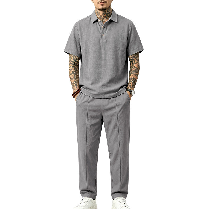 Herren Polo-Lounge-Set aus leichter Leinenmischung mit Kurzarm-Polo und gerader Bundfaltenhose Drune