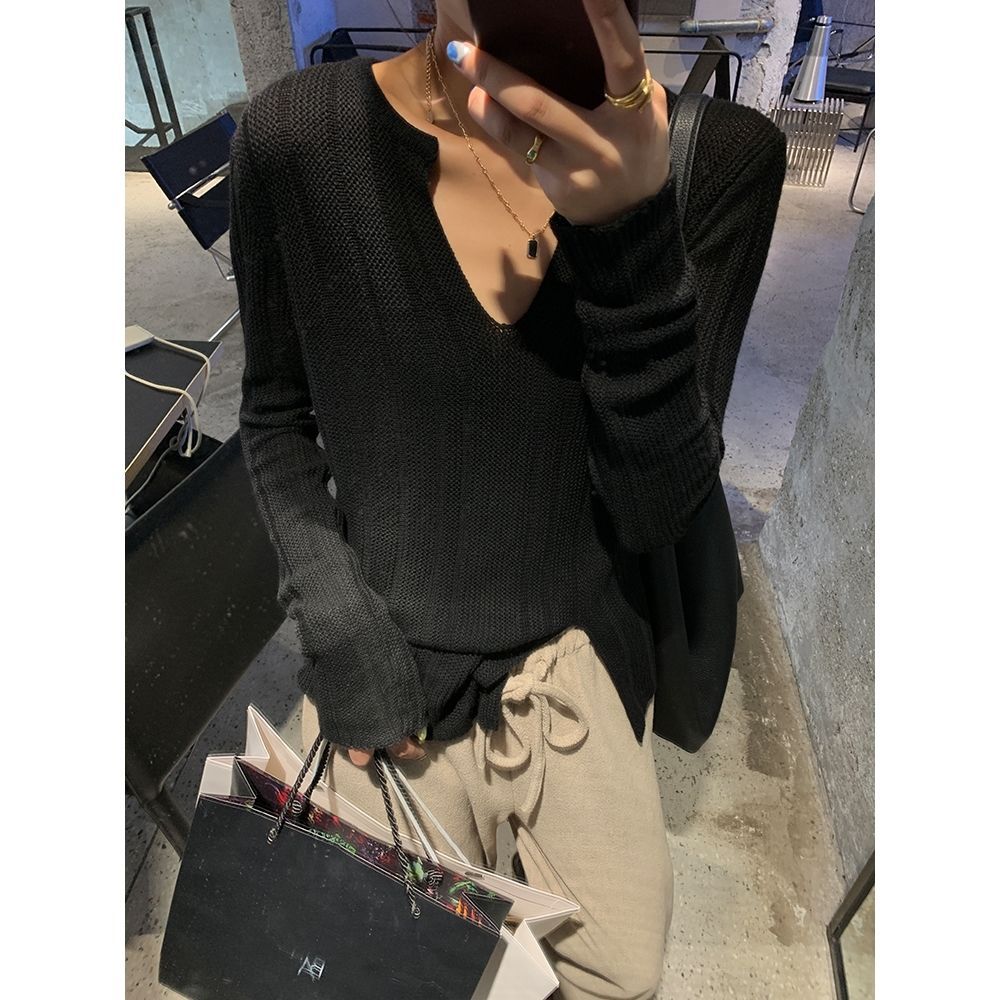 Damen Grobstrickpullover mit V-Ausschnitt und langen Ärmeln Drune