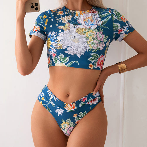 Damen Crop-Top Bade-Set mit floralem Design und hohem Beinausschnitt Drune