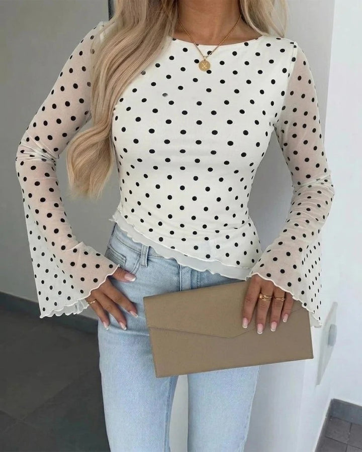 Damen Transparente Mesh-Polka‑Dot-Bluse mit taillierter Passform und Glockenärmeln Drune