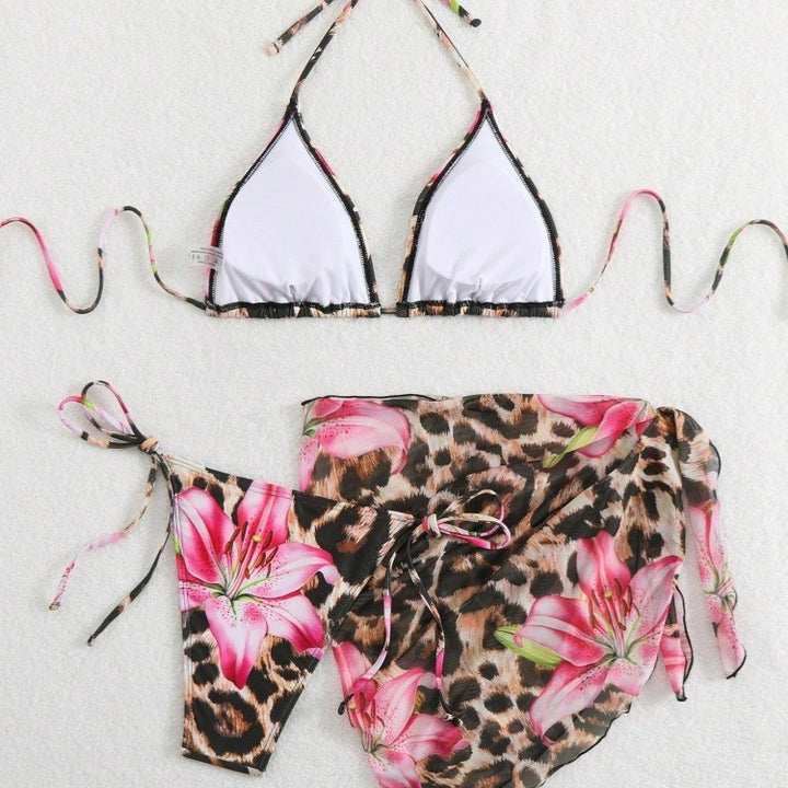 Damen Bikini-Set mit elegantem Leopardenmuster und verspielten Blumendetails Drune