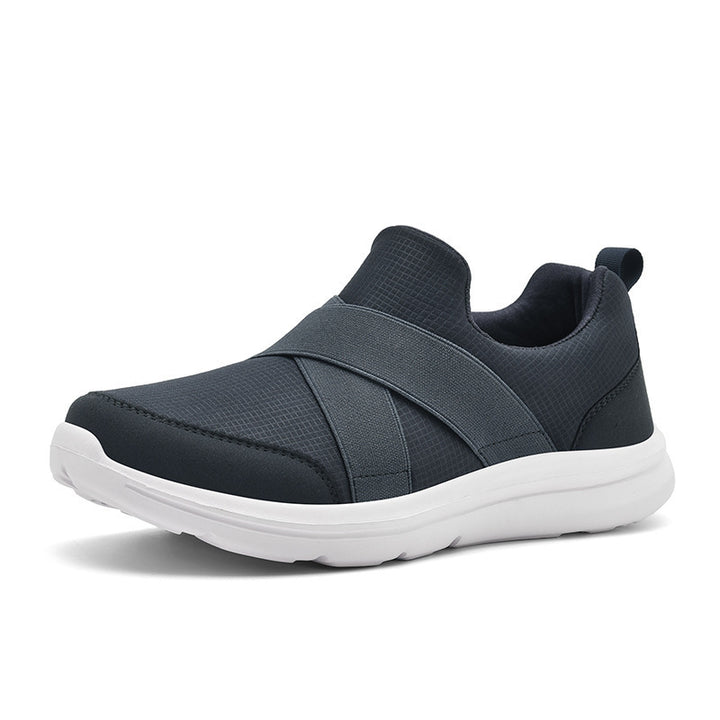 Damen nan elastischer Slip-On Komfort-Sneaker mit atmungsaktivem Strickoberteil, gekreuzten Stretchriemen und dämpfender EVA-Sohle Drune