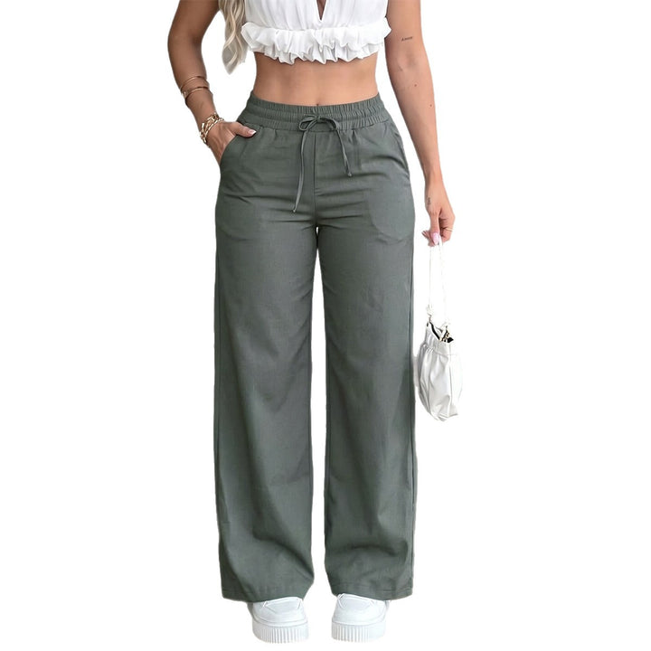 Damen nan weite High‑Waist Leinenhose mit elastischem Tunnelzugbund und Seitentaschen Drune