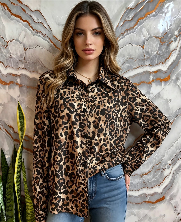 Damen Satin-Leopardenmuster Button-Up Bluse Drune