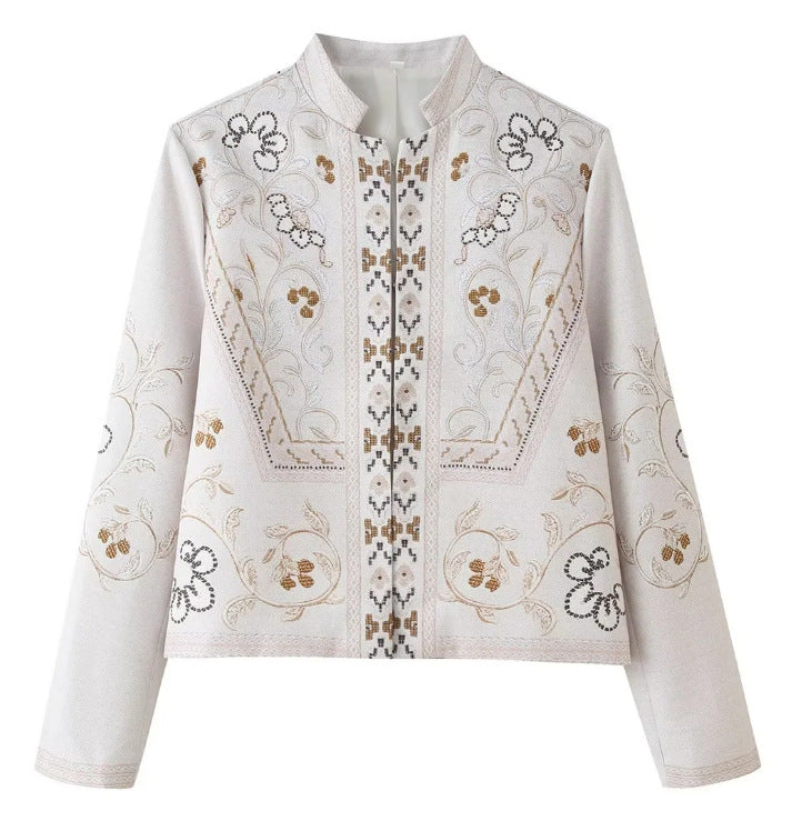 Damen Feine bestickte Kurzjacke mit Stehkragen und floraler Ornament‑Stickerei Drune