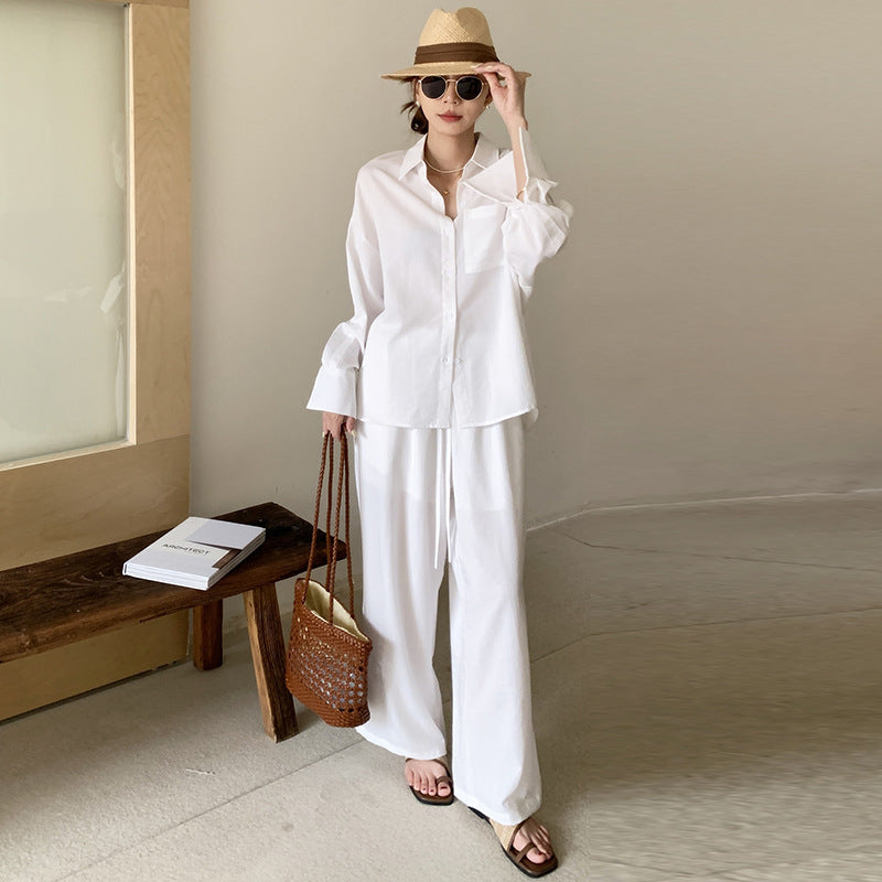 Damen Zweiteiliges Leichtes Loungewear-Set mit Oversize-Hemd und weiter Kordelbund-Hose Drune