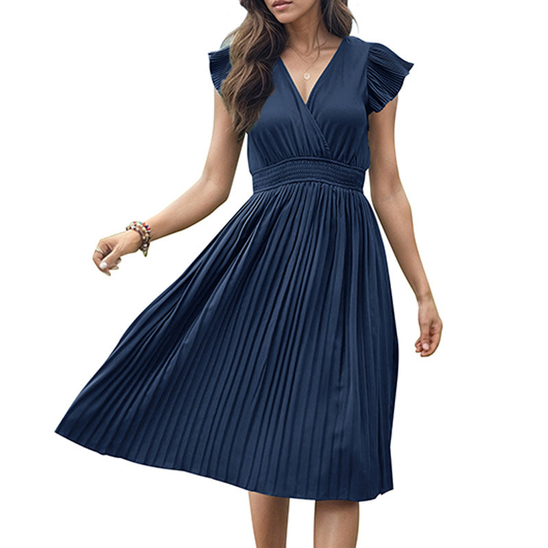 Damen Plissee Midi-Kleid mit V-Ausschnitt und voluminösen Ärmeln Drune