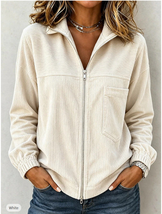 Damen Cordjacke mit Reißverschluss, Stehkragen und aufgesetzter Brusttasche Drune