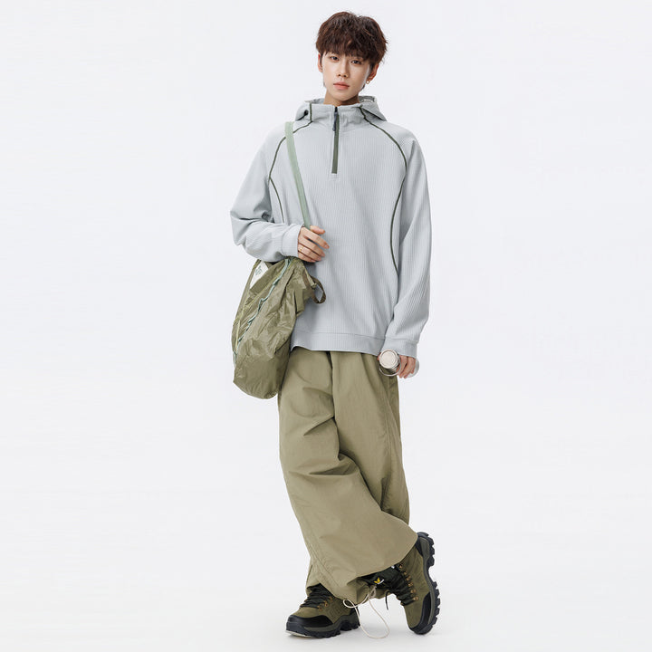 Unisex Oversize Waffelstruktur-Halbzip-Hoodie mit Raglanärmeln und Kontrastpaspeln Drune