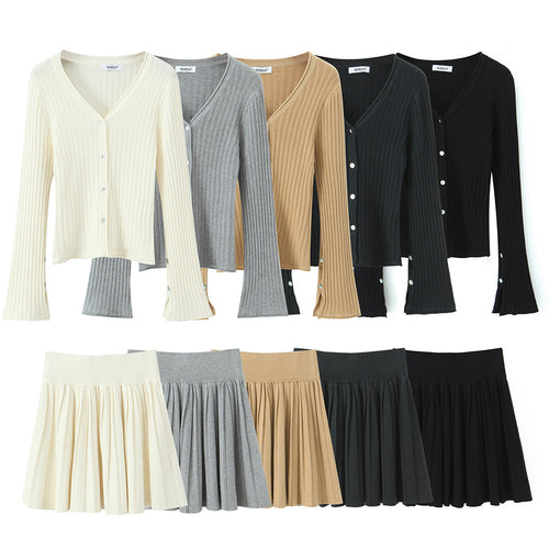 Damen Feinstrick-Cardigan mit V-Ausschnitt und plissiertem Minirock-Set Drune