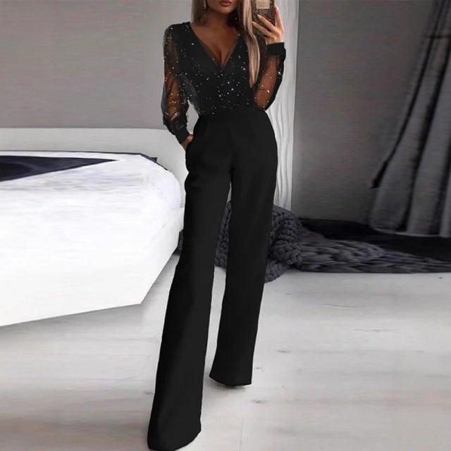 Damen Elegante Jumpsuit mit transparenter Bluse und schimmernden Akzenten Drune