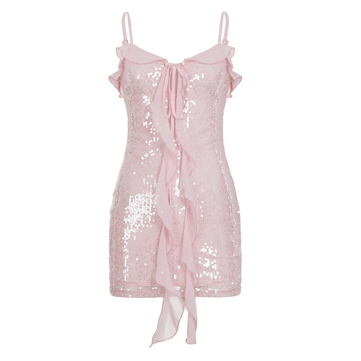 Damen kurzes, glitzerndes Partykleid mit zarten Rüschendetails und Bindeband Drune