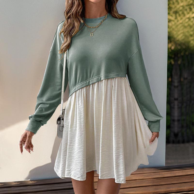 Damen Lässiges Sweatshirt-Babydoll-Kleid mit asymmetrischer Taillennaht und weiter Stufenrock Drune