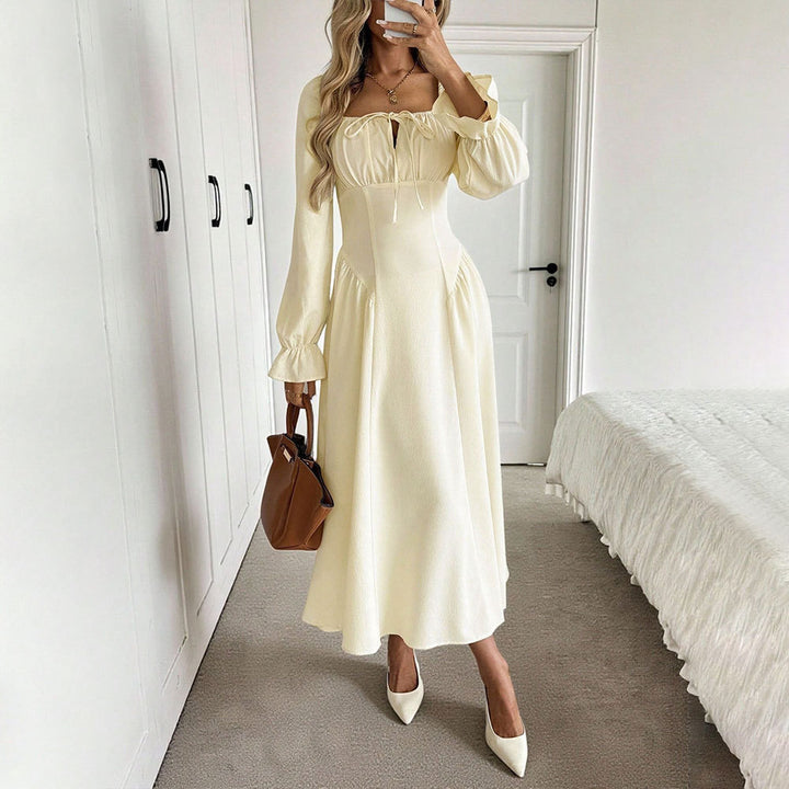 Damen romantisches Midikleid mit Korsagen-Taille, Quadratausschnitt und voluminösen Ärmeln Drune