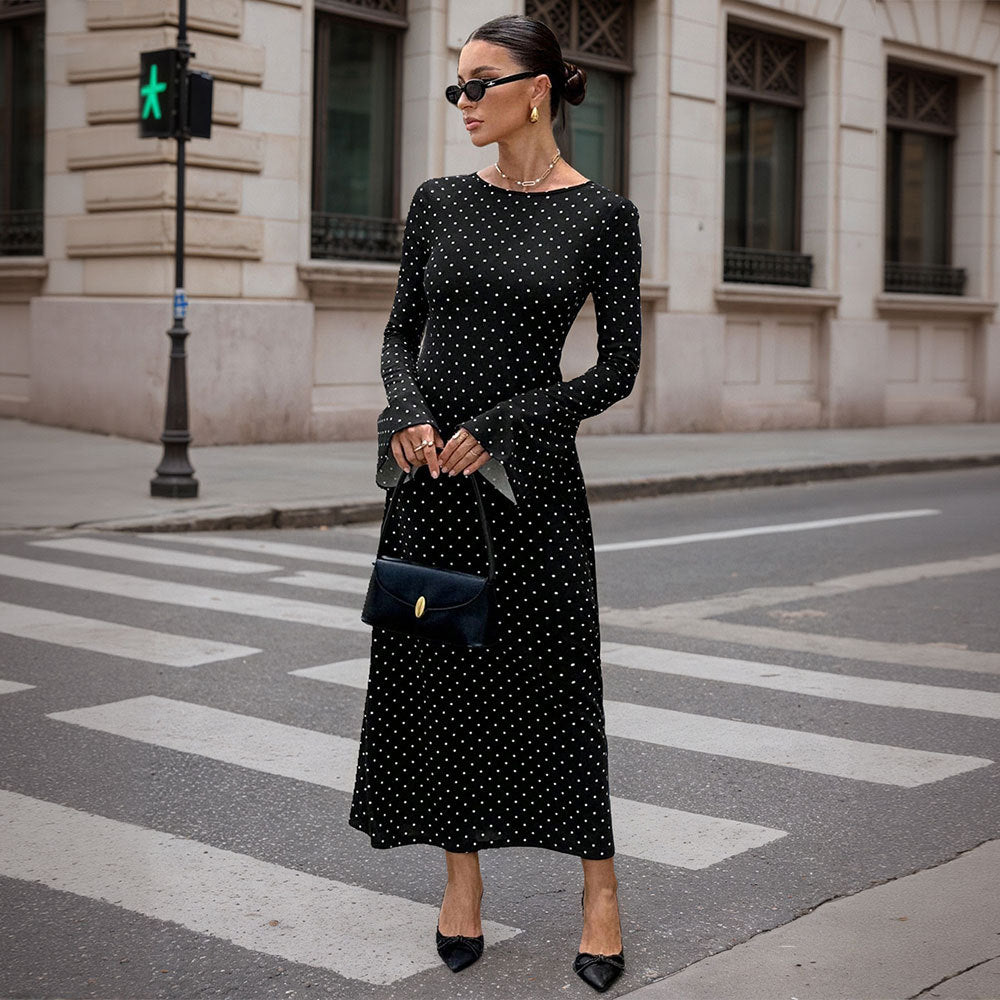 Damen elegantes Polka‑Dot Maxikleid mit tailliertem Oberteil, Trompetenärmeln und fließendem A‑Linien‑Rock Drune