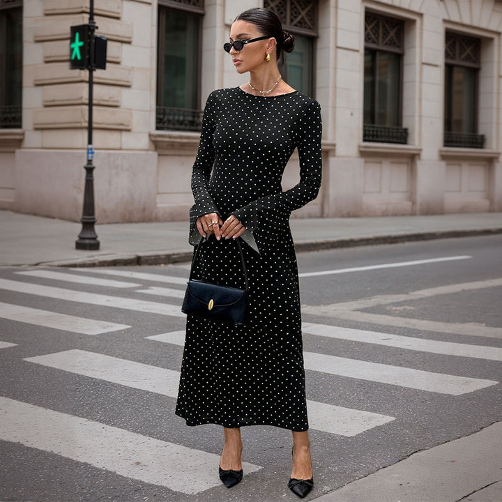 Damen elegantes Polka‑Dot Maxikleid mit tailliertem Oberteil, Trompetenärmeln und fließendem A‑Linien‑Rock Drune