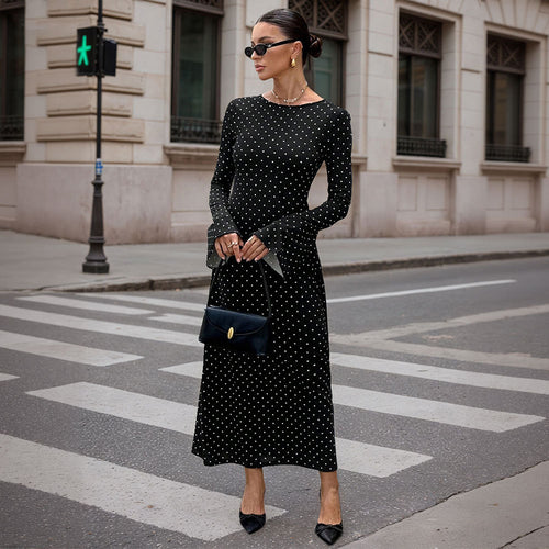 Damen elegantes Polka‑Dot Maxikleid mit tailliertem Oberteil, Trompetenärmeln und fließendem A‑Linien‑Rock Drune