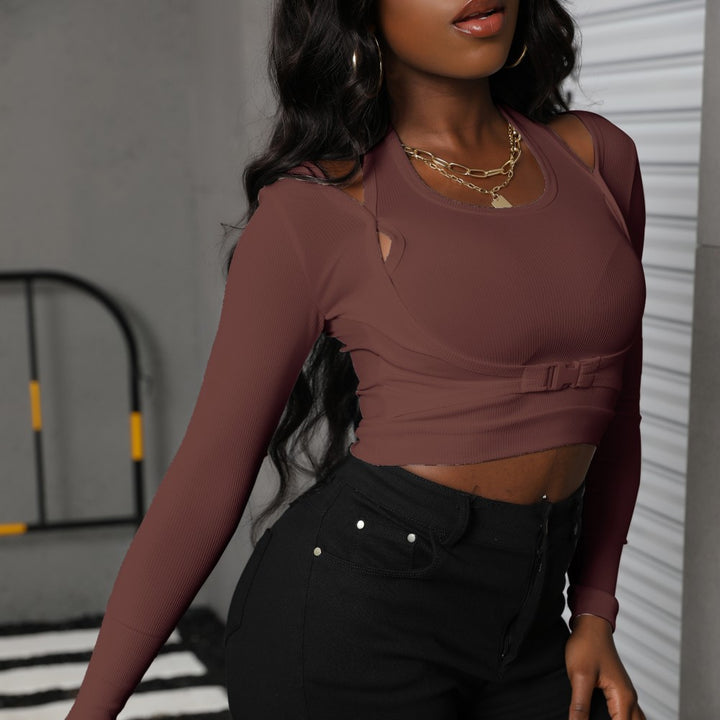 Damen Sculpting Crop-Top mit Cut-Out-Details, langen Ärmeln und verstellbarem Taillenriegel Drune