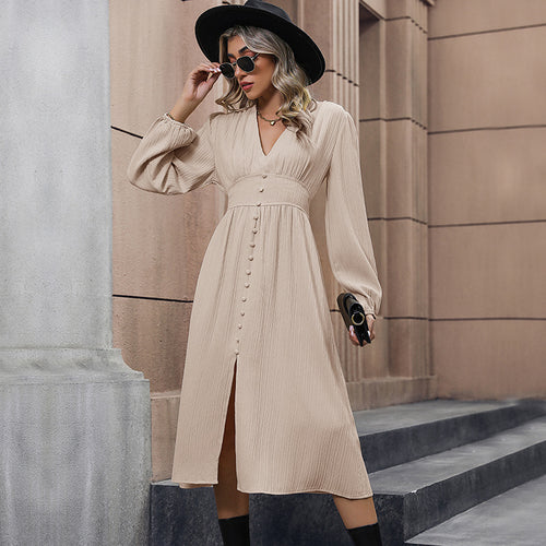Damen Midi-Kleid mit Knopfdetails und V-Ausschnitt Drune
