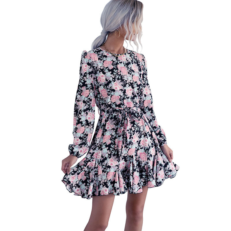 Damen Romantisches Midikleid mit floralem Print, geraffter Taille und Volant-Saum Drune