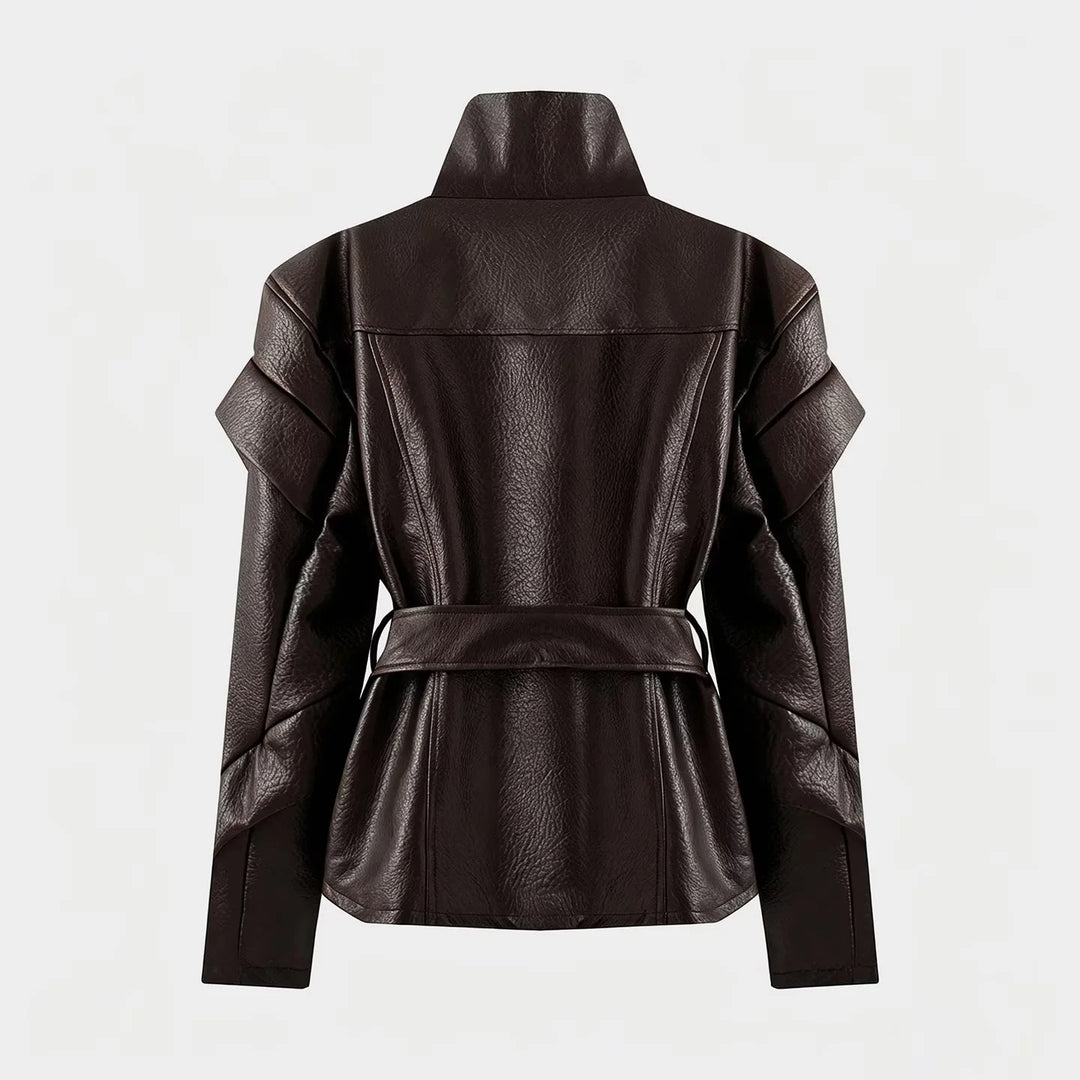 Damen nan taillierte Kunstlederjacke mit asymmetrischem Reißverschluss, hohem Stehkragen und Bindegürtel Drune