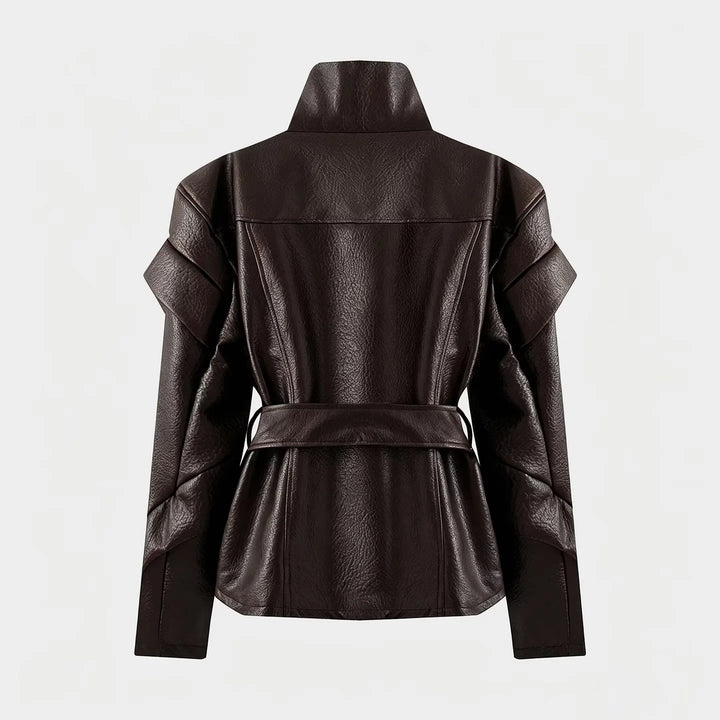 Damen nan taillierte Kunstlederjacke mit asymmetrischem Reißverschluss, hohem Stehkragen und Bindegürtel Drune
