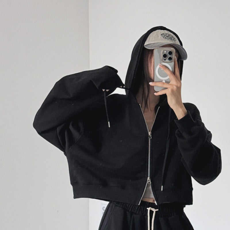 Damen cropped Kapuzenjacke mit Reißverschluss und elastischen Bündchen Drune