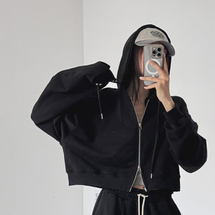 Damen cropped Kapuzenjacke mit Reißverschluss und elastischen Bündchen Drune