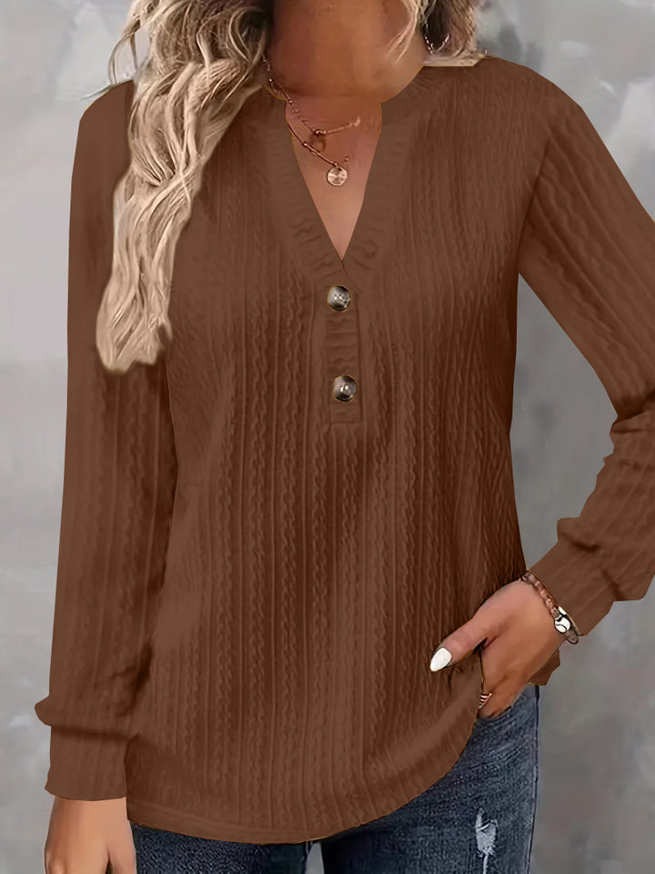 Damen Strukturiertes V‑Neck Langarmshirt mit Zierknopfleiste Drune