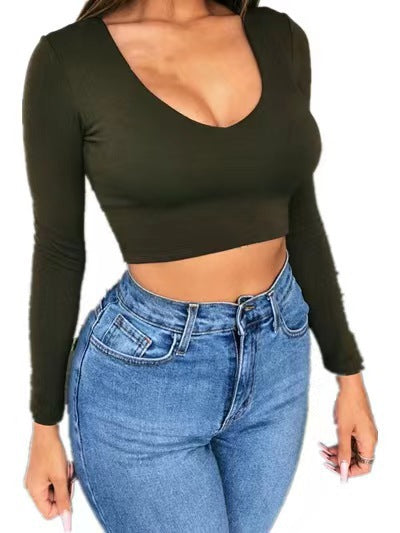 Damen modisches Crop-Top mit tiefem V-Ausschnitt und langen Ärmeln Drune