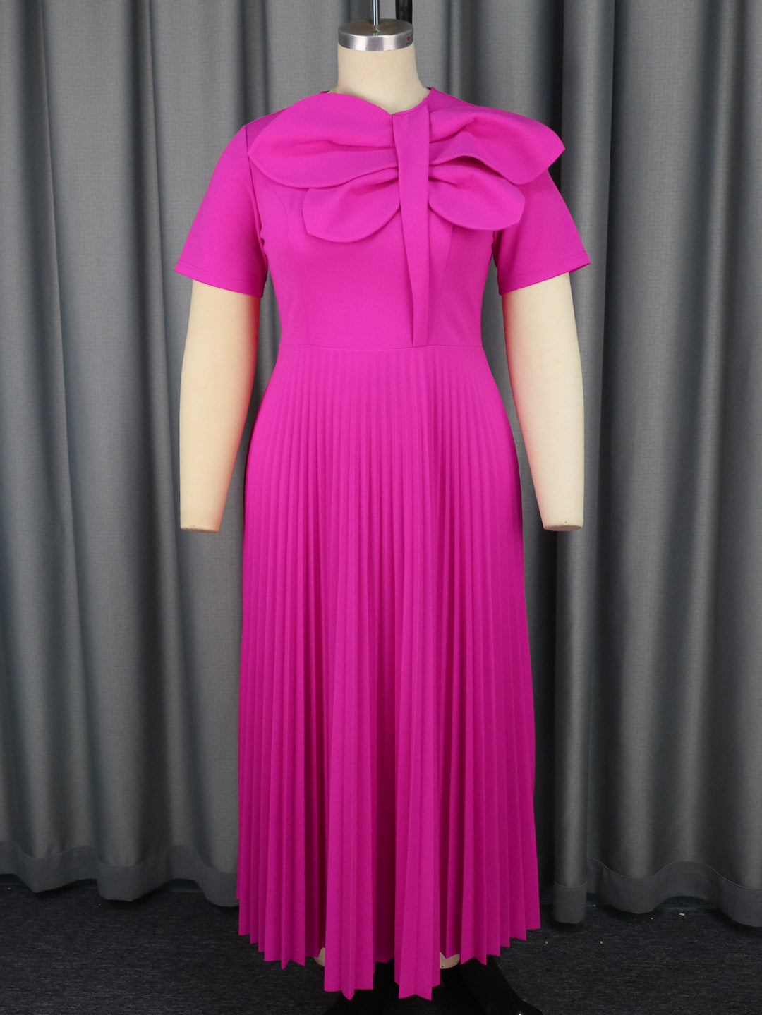 Damen plissiertes Maxikleid mit voluminösem Schleifenkragen Drune