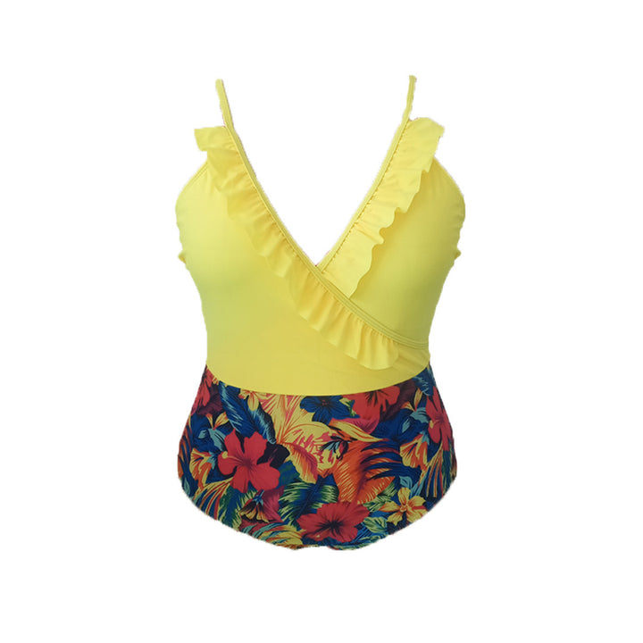 Damen Einteiler Badeanzug mit asymmetrischem Rüschendesign und floralem Hosenbereich Drune