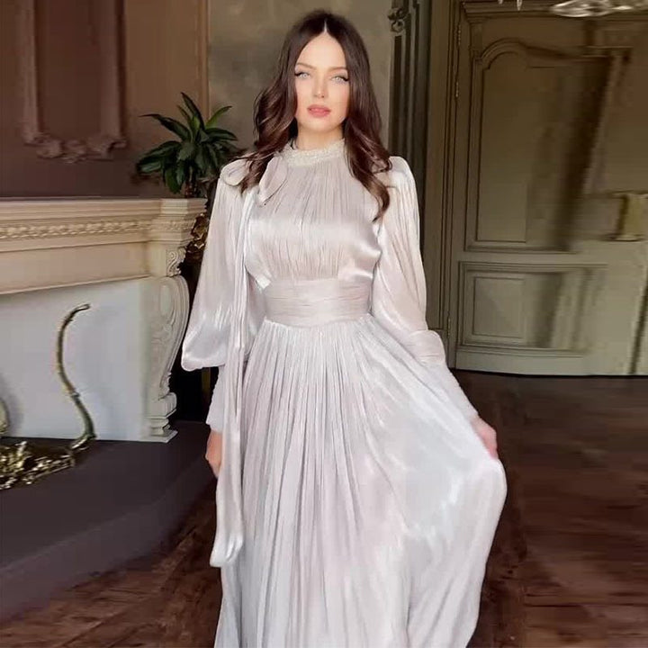 Damen Elegantes Chiffon-Maxikleid mit tailliertem Wickelbund, Stehkragen und langen Puffärmeln Drune