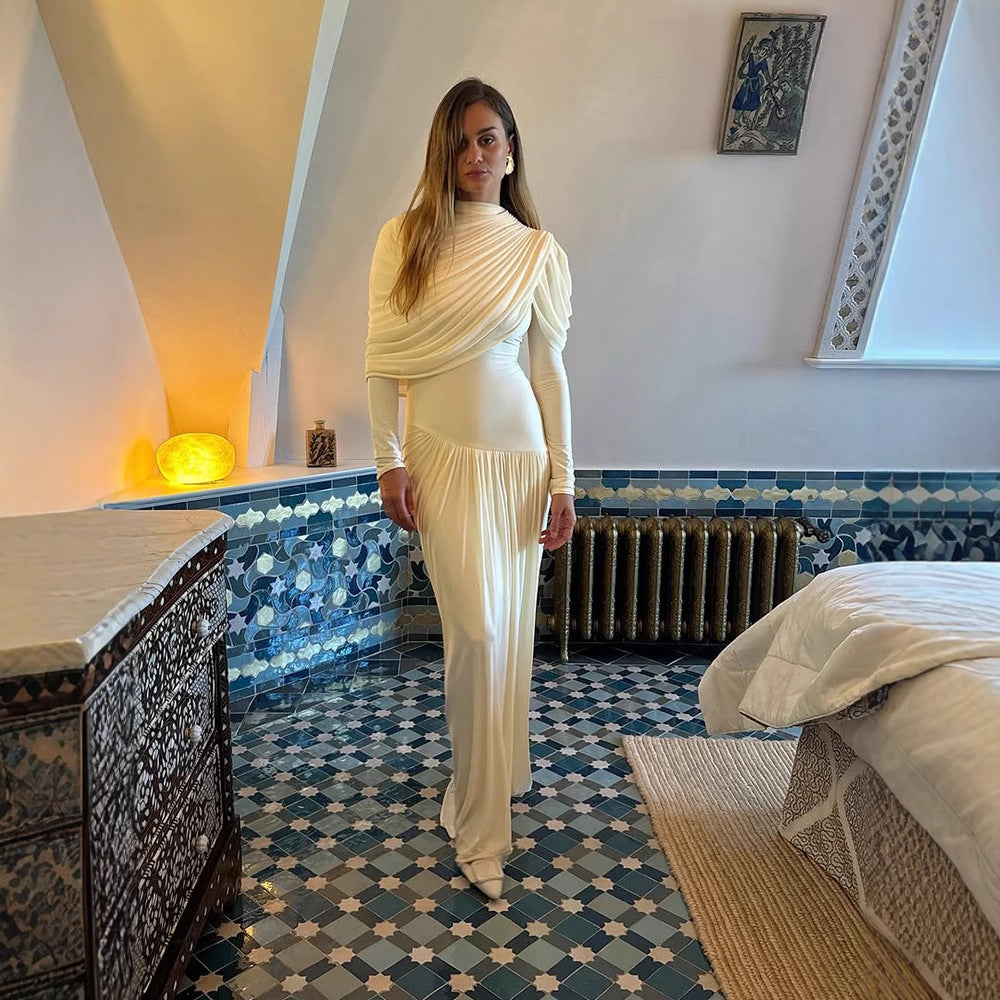 Damen Plissiertes Maxi-Abendkleid mit drapierten Schultern und langen Ärmeln Drune