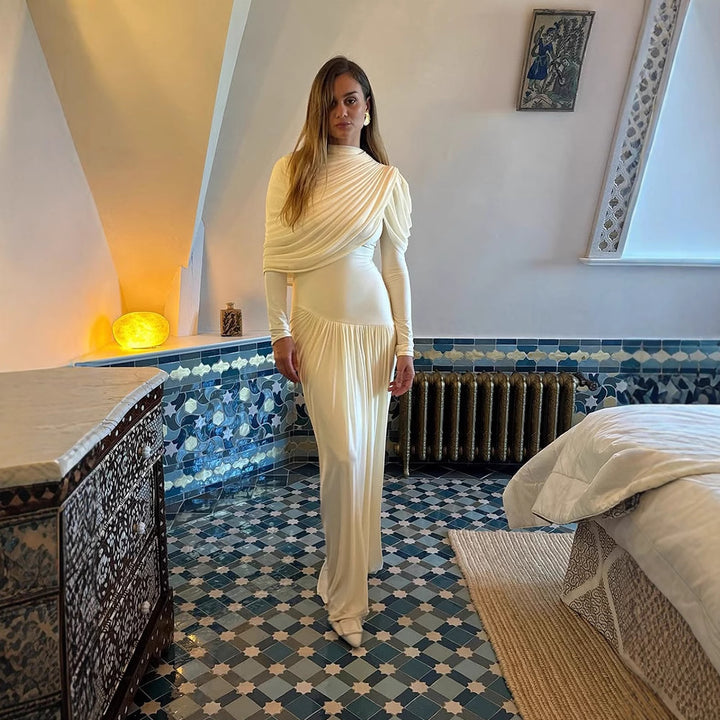 Damen Plissiertes Maxi-Abendkleid mit drapierten Schultern und langen Ärmeln Drune