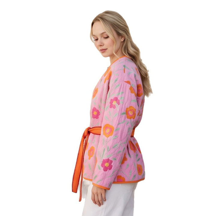 Damen Gestepptes Blumen-Kimono mit Bindegürtel Drune