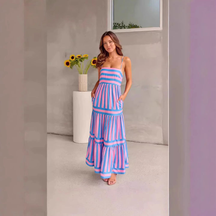 Damen Maxi-Kleid mit Streifenmuster und tiefem Ausschnitt Drune
