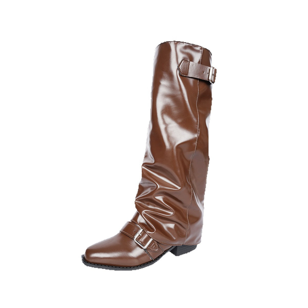 Damen kniehohe Lackstiefel mit Schlupfschaft und verstellbaren Schnallen Drune