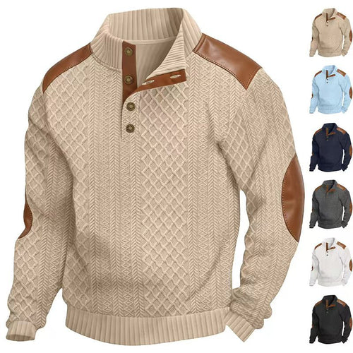Herren Pullover mit Stehkragen, Zopfmuster und kontrastierenden Lederbesätzen Drune