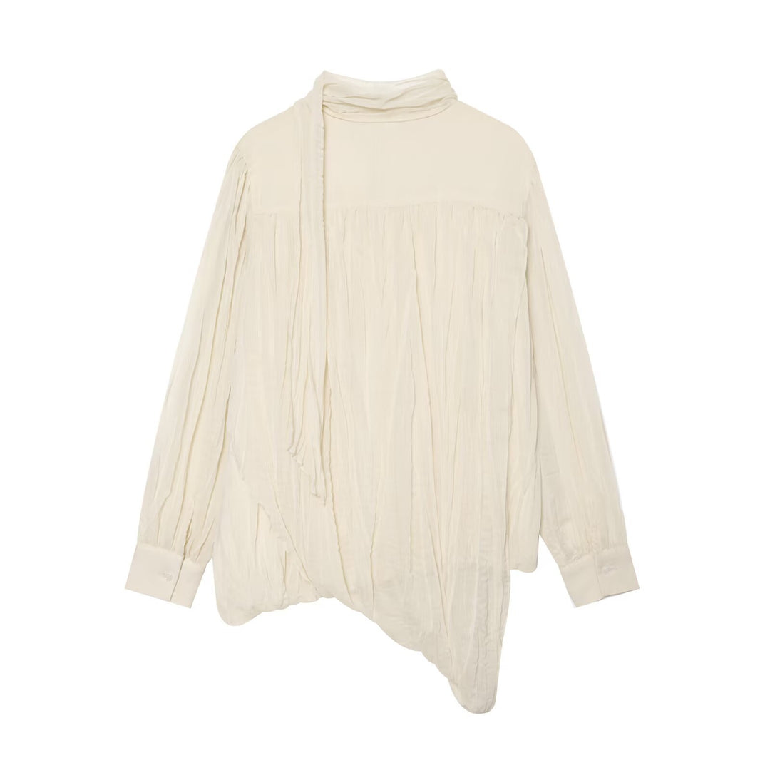 Damen Geraffte Crinkle-Bluse mit Schlauchkragen, Ballonärmeln und gedrehtem Saum Drune