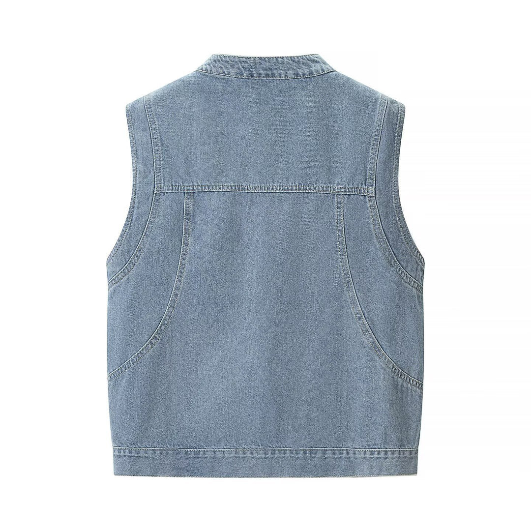 Damen Jeansweste mit Stehkragen, durchgehender Knopfleiste und aufgesetzten Taschen Drune