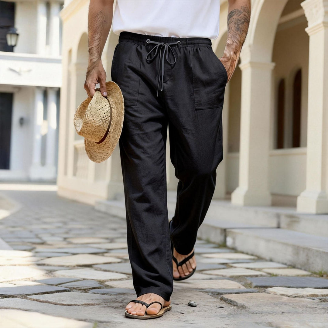 Herren leichte Leinenhose mit elastischem Bund und Kordelzug Drune